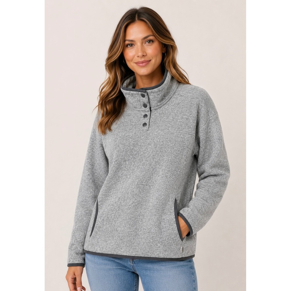Eddie Bauer Women Large Gray Fleece Pullover Snap Neck Sweater Pockets cozy